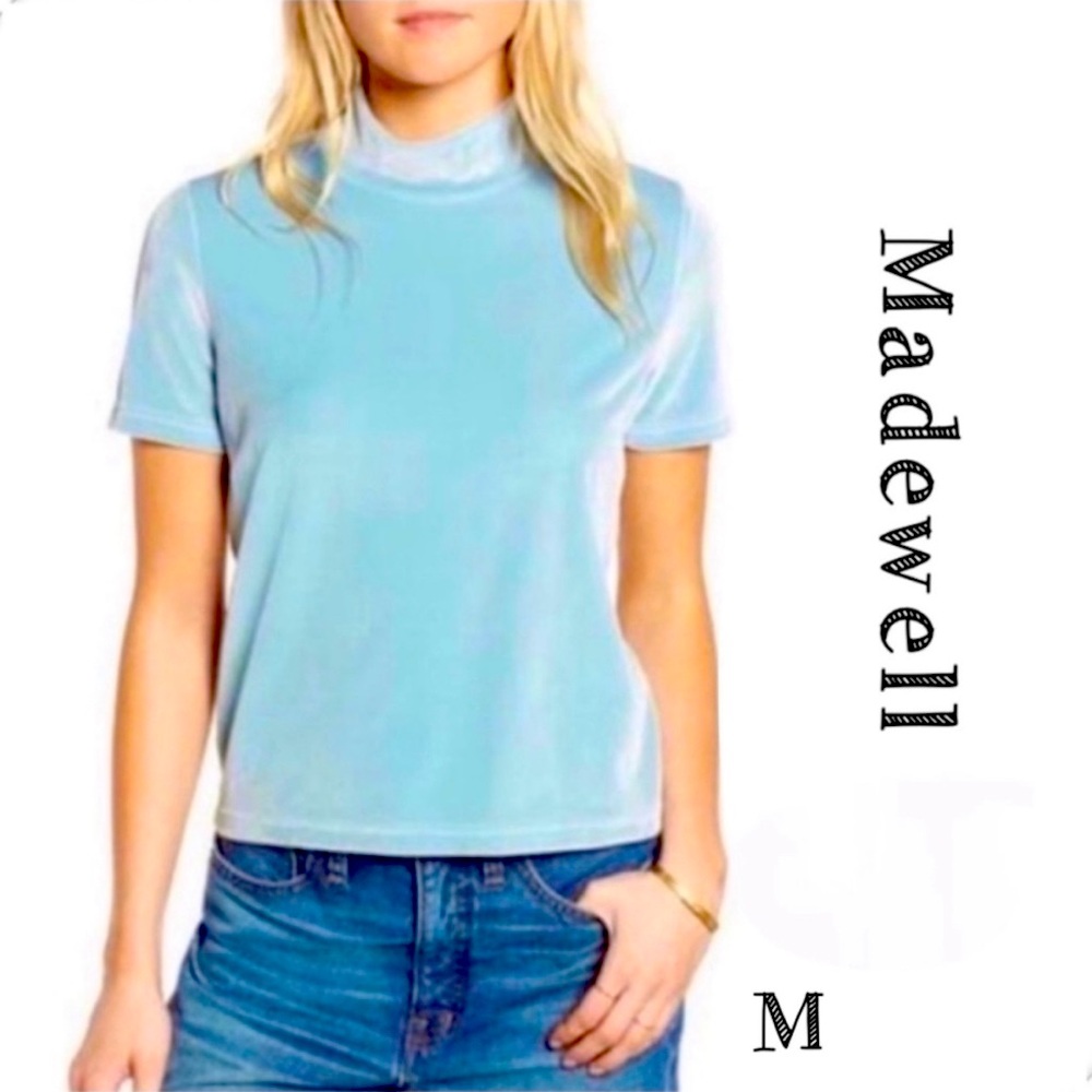 MADEWELL Velvet Mock Neck Short Sleeve Top in Soft Blue Size M Style H2606